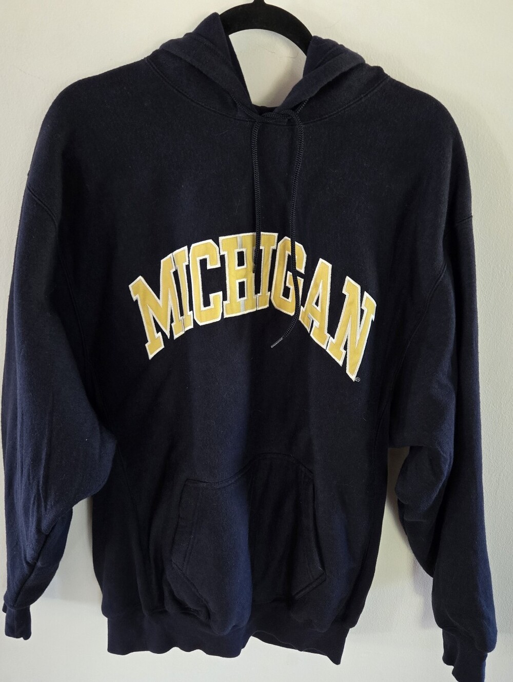 Steve & Barry's Mens L Michigan Fleece Lined Pullover Hoodie Navy Hand Pocket